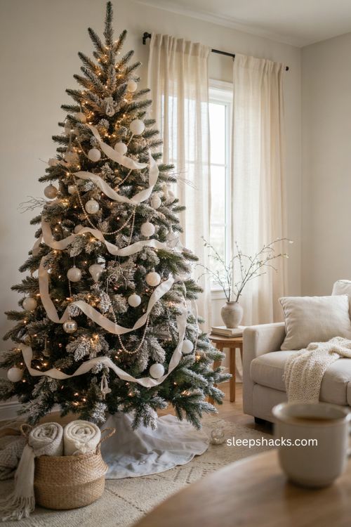 White velvet ribbon cascading through a flocked Christmas tree 
