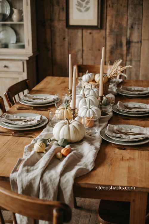Whitewashed pumpkin table centerpiece with neutral farmhouse decor and natural mini gourds 