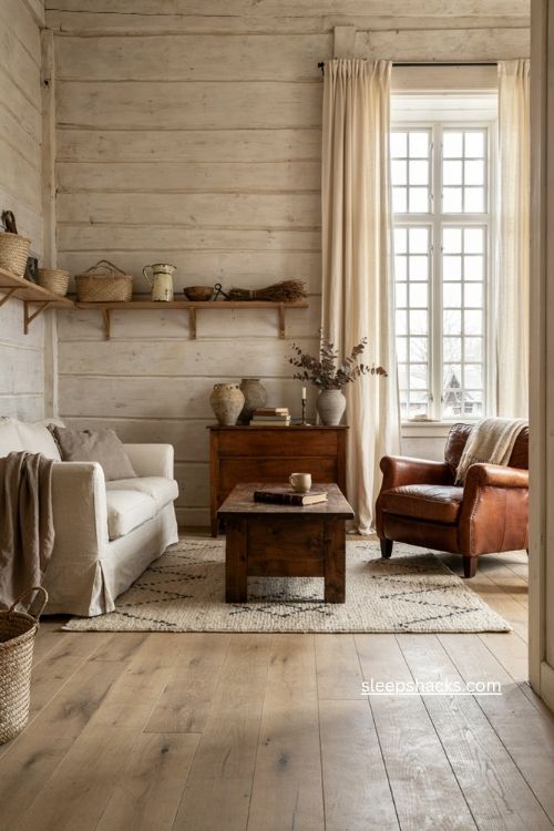 Whitewashed rustic living room with wood paneling dark furniture and cozy cabin decor 