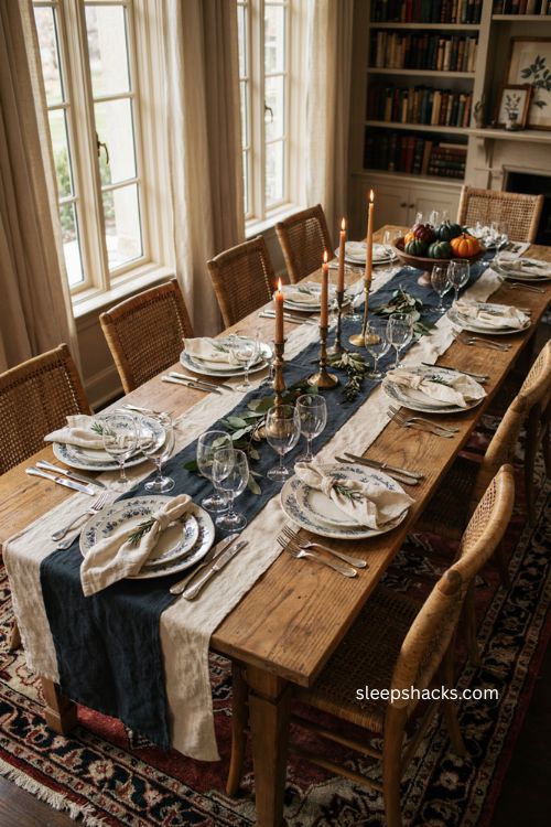 Wicker chairs with elegant china Thanksgiving table Ralph Lauren country house decor 