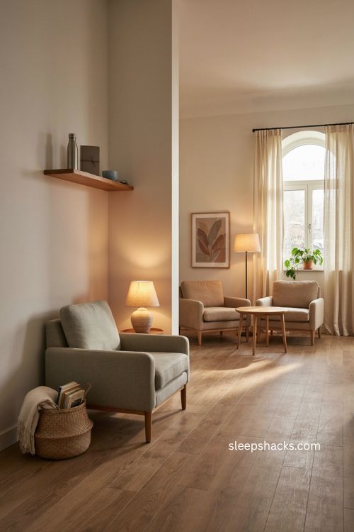 Wide-angle eye-level interior photograph of a warm therapist office thoughtfully arranged with quiet client comfort essentials always within easy reach, featuring a comfortable standard-height loveseat, supportive armchair, natural wood side table, woven rug, and an uncluttered layout that feels prepared without looking staged; warm organic modern style with subtle mid-century influences and a timeless residential character; soft cream, muted sage green, dusty blue, warm beige, natural oak, taupe, and gentle earthy brown tones; a small ceramic tissue holder placed beside the sofa, full glass water pitcher with a clean drinking glass, simple tea and coffee tray arranged neatly on a wooden side table, and a discreet charging station with neatly managed cable, complemented by linen cushions, handmade pottery, a real low-maintenance plant, woven basket, and lightly worn wood details collected over time; soft natural window light layered with warm table and floor lamp illumination, gently highlighting the practical essentials while keeping the room peaceful and visually quiet; soft colors that change the mood instantly, old textures that add warmth and depth, simple details that create lasting charm, thoughtful welcoming atmosphere where every small comfort is available without feeling showy, creating a subtle sense that the client was genuinely considered when the room was arranged; no people, no text, no watermarks, no blur, no bokeh, all surfaces in sharp focus, photorealistic, 4K resolution, editorial interior photography, Pinterest-worthy