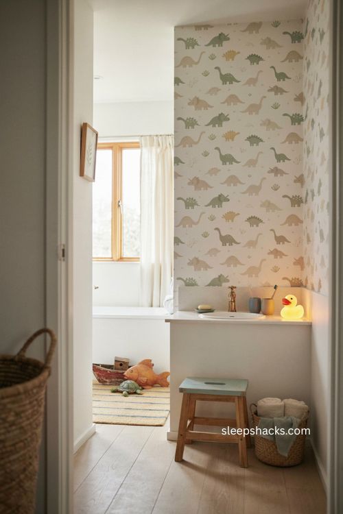 Wide-angle eye-level interior photography showing a cheerful kids bathroom that transforms a simple white space into a playful little world, with a clean white vanity, child-friendly proportions, whimsical dinosaur wallpaper on one accent wall, a small rubber duck shaped lamp, rounded accessories, and a few thoughtfully chosen details that make everyday toothbrushing feel imaginative and exciting without looking overly themed; playful vintage-inspired family bathroom style with a timeless cottage influence and subtle mid-century touches; soft white, warm cream, pale sage, muted yellow, dusty blue, and gentle earthy green; small woven basket for bath essentials, wooden step stool with slightly worn edges, colorful but understated bath mat, simple ceramic soap dish, rounded toothbrush cups, a few well-loved bath toys, natural wood accents, lightly aged hardware, mismatched little accessories that feel collected over time rather than purchased as a matching set; soft natural window light mixed with a warm ambient glow from the whimsical lamp, unhurried gentle illumination with delicate shadows and no harsh highlights; soft colors that change the mood instantly, old textures that add warmth and depth, simple details that create lasting charm, creating a playful yet calm bathroom that feels personal, welcoming, imaginative, and genuinely lived in, no people, no text, no watermarks, no blur, no bokeh, all surfaces in sharp focus, photorealistic, 4K resolution, editorial interior photography, Pinterest-worthy