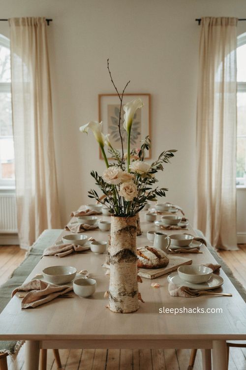 Wide eye-level editorial photograph of a Thanksgiving dining table centered around a low, wide glass bowl filled with clear water, floating candles, and loose seasonal flower heads, with the camera positioned to capture the full tabletop and surrounding dining room while keeping the centerpiece unobtrusive and leaving clear sightlines across the table; a warm, lived-in dining room with a softly weathered wooden table, understated Thanksgiving place settings, and an intimate centerpiece designed to create atmosphere without competing with tall serving dishes; timeless farmhouse elegance with subtle vintage country influences and simple collected-over-time character; soft ivory, creamy white, muted blush, dusty yellow, gentle sage green, warm wood brown, and candlelit amber; a wide transparent glass bowl with several whole gerbera daisies and chrysanthemums gently drifting across the water alongside small floating candles, flower heads arranged loosely rather than perfectly, visible water reflections, natural petals and stems, simple linen napkins, aged ceramic plates, understated silverware, a few dried leaves, and worn wooden serving pieces creating tactile seasonal detail; soft late-afternoon natural window light illuminating the water, glass edges, flower petals, and tabletop, combined with warm candle flames beginning to flicker across the surface, creating realistic reflections and delicate shadows while keeping every detail crisp and visible; a visual expression of quiet Thanksgiving coziness, soft colors creating an instantly calmer mood, reflective water and aged textures adding warmth and depth, simple floating blooms and candlelight creating lasting charm, intimate, peaceful, nostalgic, understated, and inviting, like the final quiet moment before everyone sits down to dinner; no people, no text, no watermarks, no blur, no bokeh, all surfaces in sharp focus, photorealistic, 4K resolution, editorial interior photography, Pinterest-worthy 