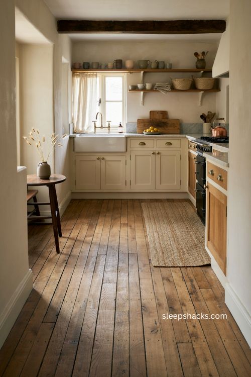 Wide plank reclaimed wood flooring with soft painted cabinets in a rustic kitchen 