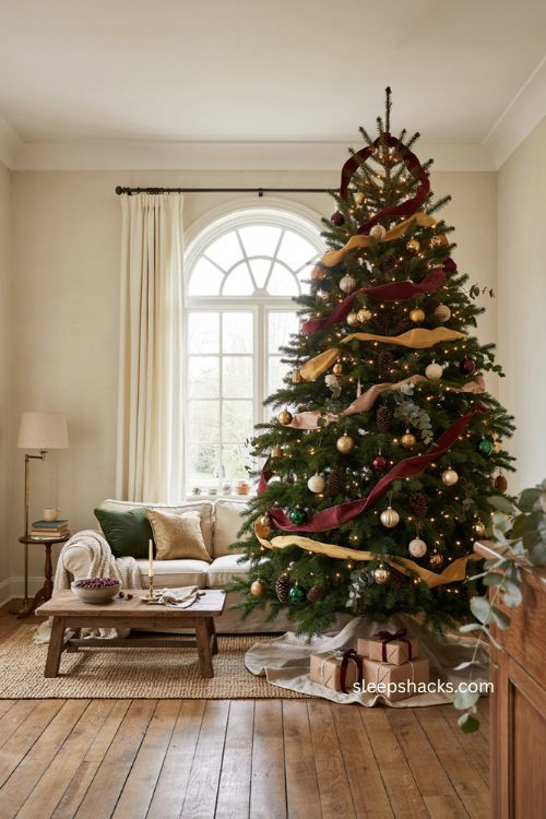 Wide ribbon on large Christmas tree with layered holiday decor