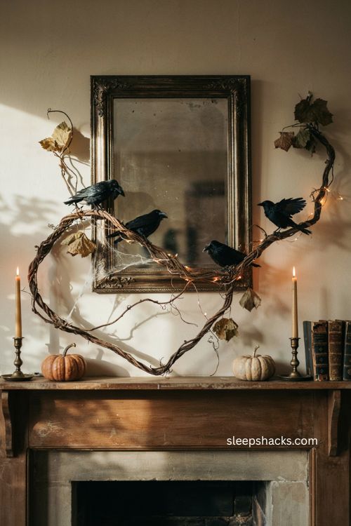 Wild grapevine garland ideas for a rustic spooky Halloween mantle