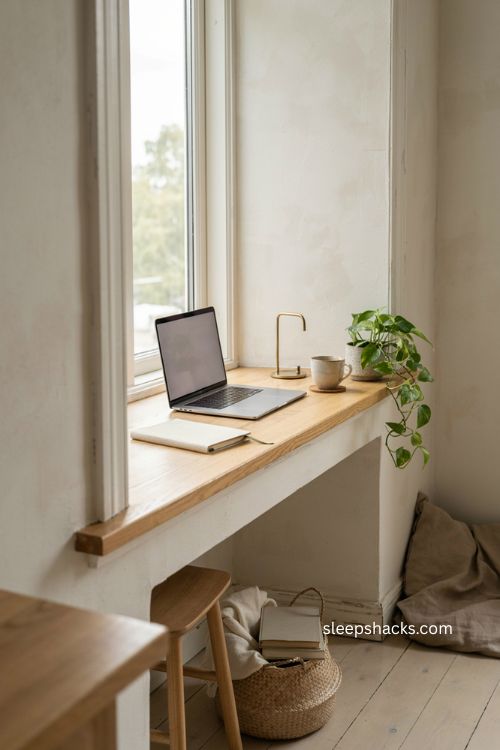 Window sill desk with natural light and a compact home office view