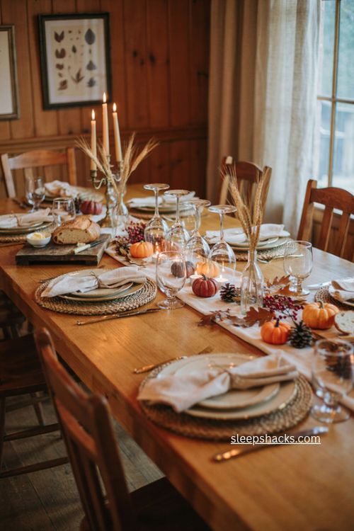 Wine glass candle hurricanes with mini pumpkins for Thanksgiving table 