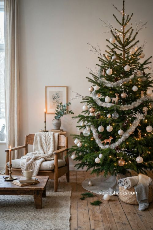 Winter Christmas tree with soft white ornaments frosted greenery and warm lights