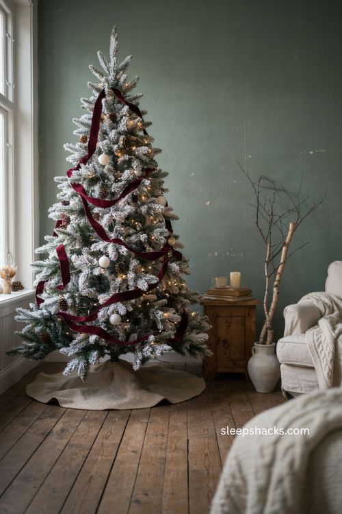 Winter Christmas tree with velvet ribbon flocked branches simple ornaments pinecones and warm lights