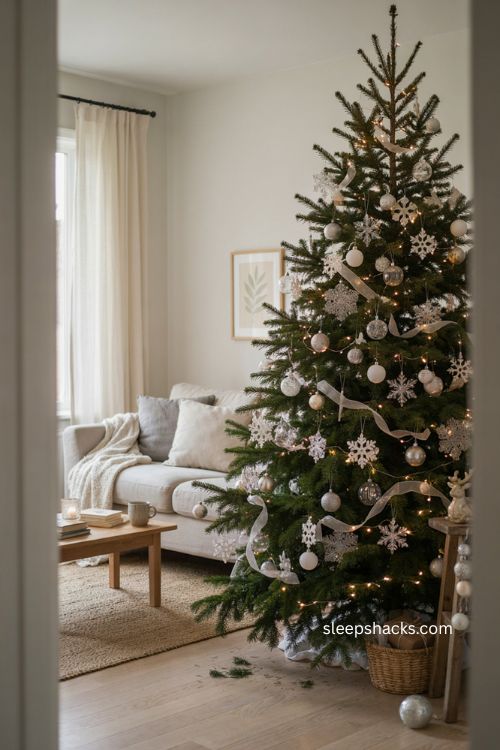 Winter Christmas tree with white silver and clear snowflake ornaments sheer ribbon and warm lights