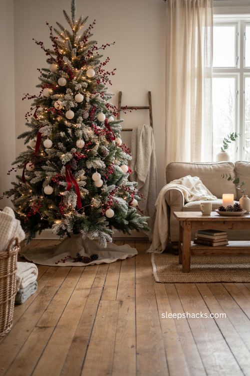 Winter berry Christmas tree with red berries white ornaments pinecones and warm lights