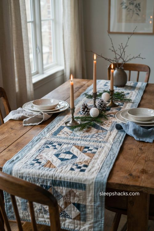 Winter cabin Log Cabin table runner pattern in icy blue and white