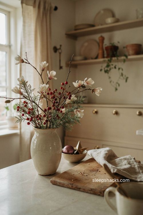 Winter stems and berry branches in a vase on a cozy Christmas kitchen counter