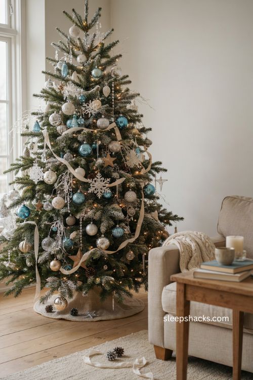 Winter wonderland Christmas tree with white silver and icy blue ornaments