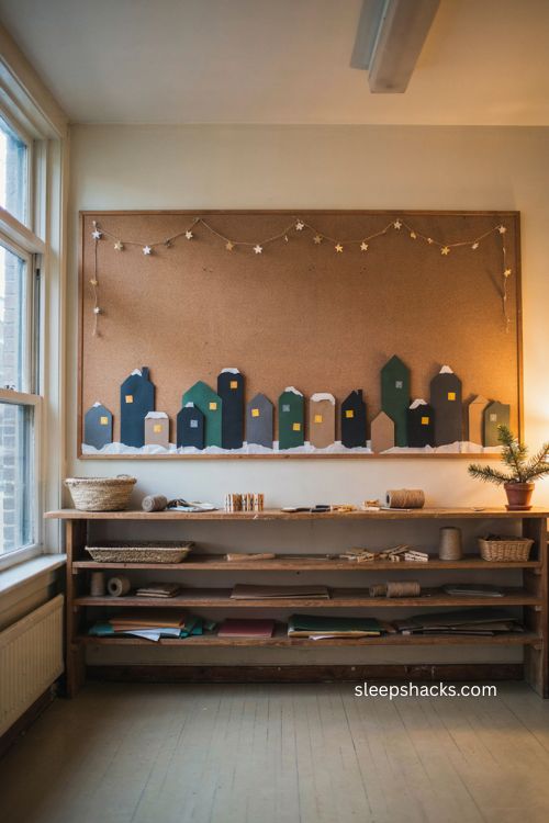 Winter wonderland skyline Christmas bulletin board ideas for a cozy classroom 