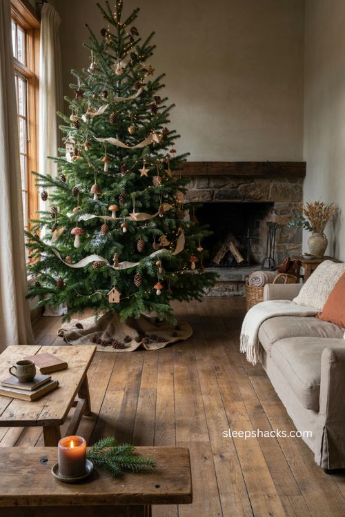 Winter woodland Christmas tree with pinecones wooden ornaments birds mushrooms and natural ribbon