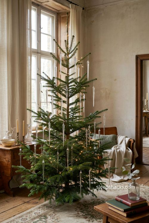 Wire secured icicle Christmas tree with straight clear glass ornaments
