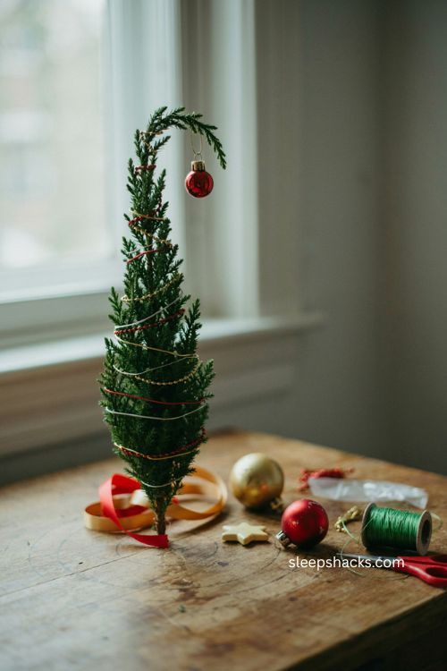 Wire wrapped diy grinch tree with woven red gold garland and curved trunk