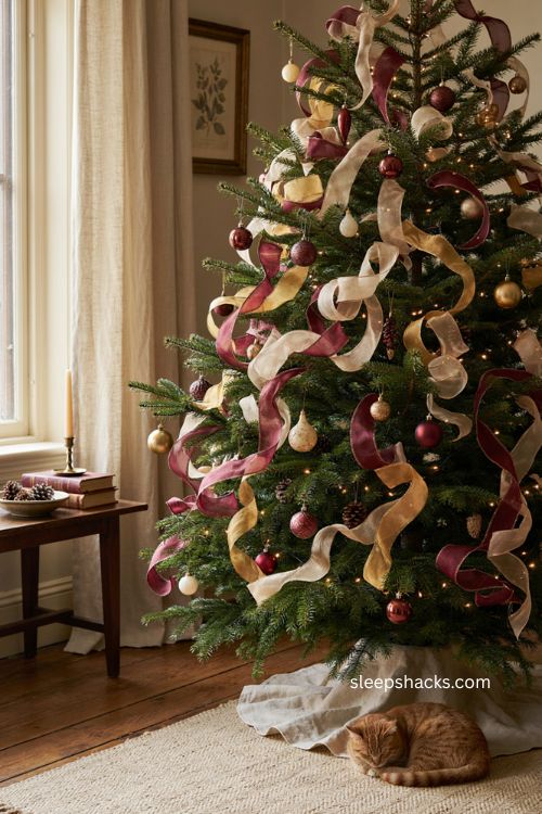 Wired ribbon Christmas tree with shaped loops and flowing folds 