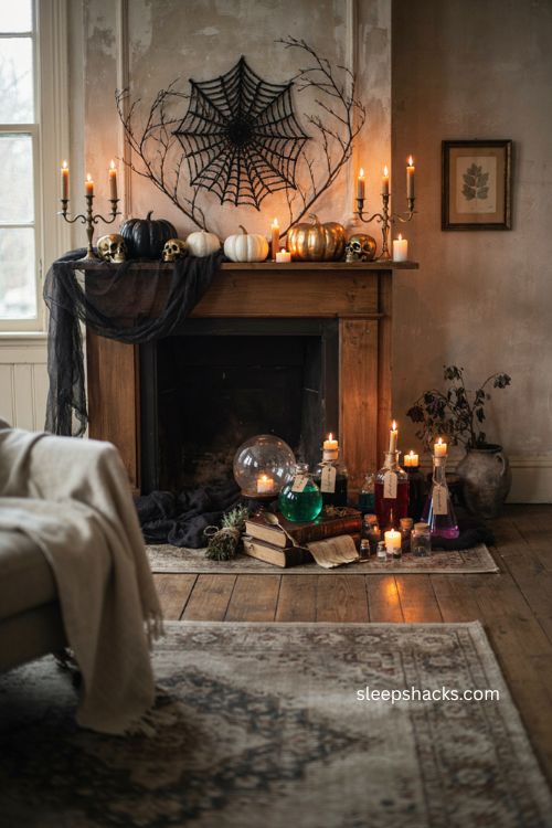 Witch apothecary Halloween mantel with potion bottles old books crystal ball and candles