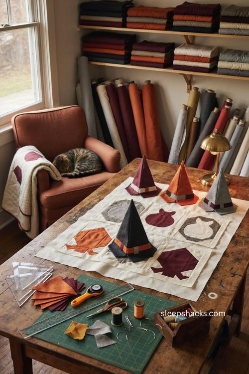 Witch hat quilt block with Halloween sampler pumpkins cats and orange black fabric