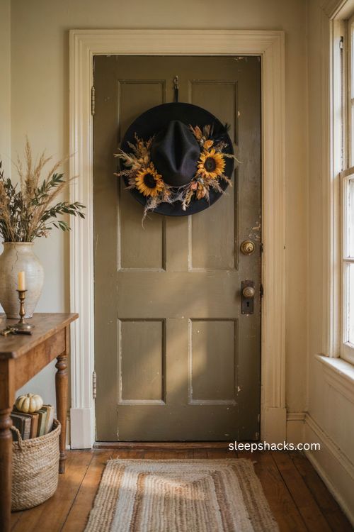Witch hat wreath with sunflowers dried wheat and cozy Halloween entryway decor 
