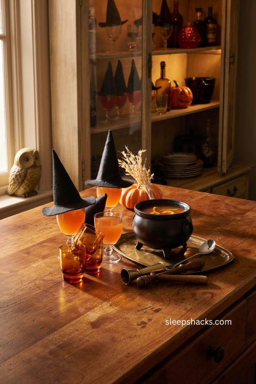 Witch shaped barware for a cozy vintage Halloween kitchen drink station 