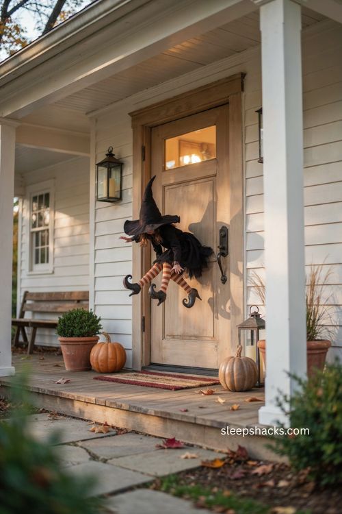 Witch splat front door with striped stockings and pumpkins for Halloween decor