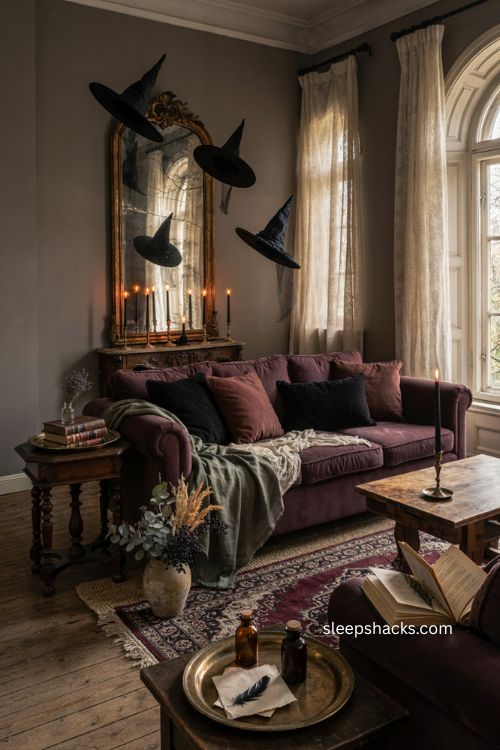 Witchy Halloween decor with candles velvet and gothic vintage accents