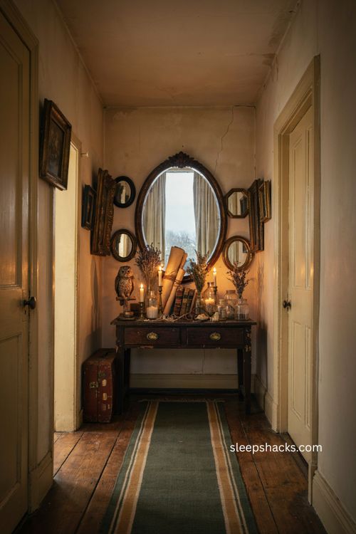 Wizarding world entryway with vintage suitcase apothecary bottles and magical decor 