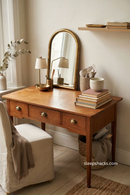 Women s home office with brass gold accents and elegant neutral desk decor 