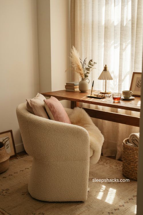 Women s home office with cozy curved back chair faux fur cover and soft decor 