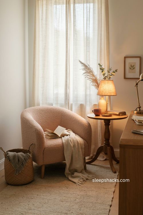 Women s home office with cozy reading nook armchair soft throw and side table 