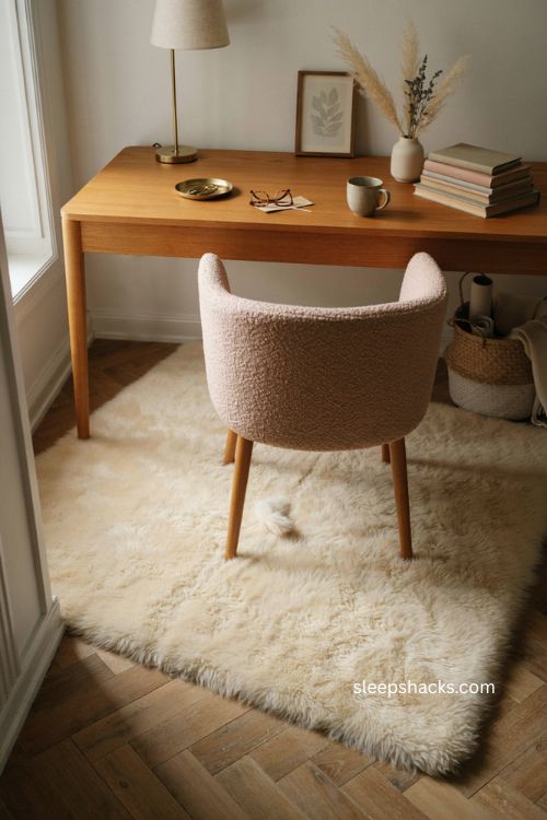 Women s home office with cream faux fur rug and cozy feminine desk decor 
