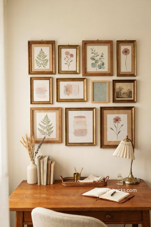 Women s home office with feminine gallery wall botanical art and cozy vintage decor 