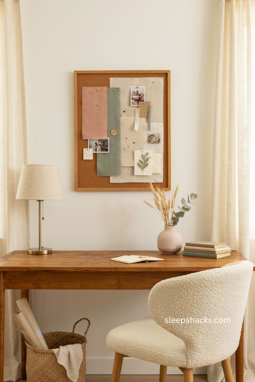 Women s home office with personalized vision board fabric swatches and cozy decor 