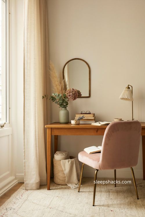 Women s home office with sheer linen curtains and soft natural light 