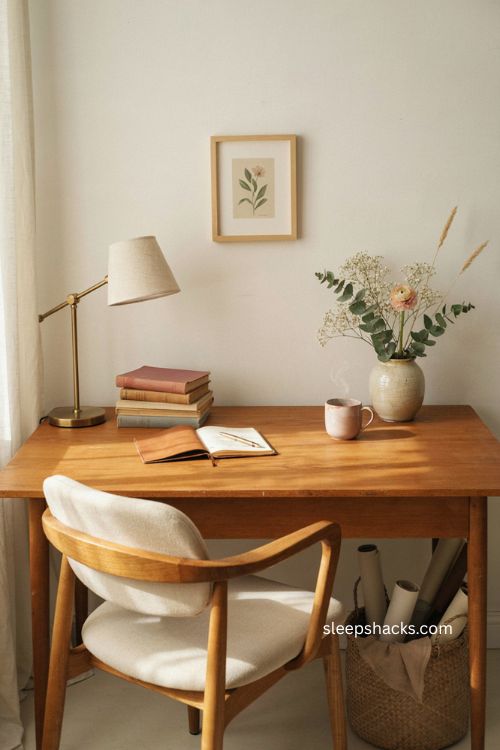 Women s home office with small floral arrangement ceramic vase and cozy desk decor 