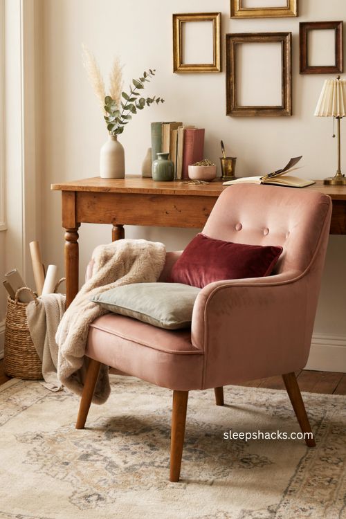 Women s home office with soft velvet upholstered task chair and cozy vintage decor 