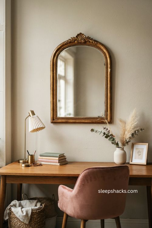 Women s home office with vintage gold mirror and cozy elegant decor 