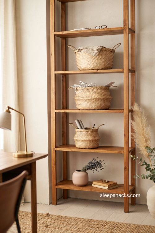 Women s home office with woven baskets natural rattan storage and cozy shelf decor 