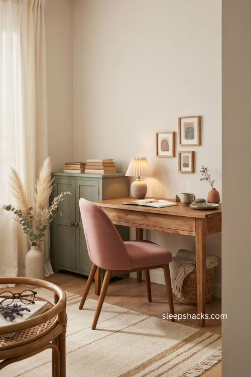 Women's home office with cozy feminine decor warm wood vintage storage and soft colors