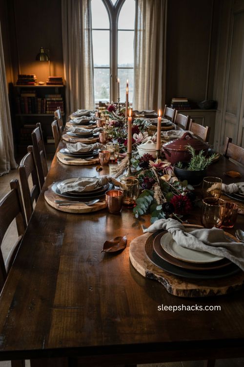 Wood chargers Thanksgiving tablescape with layered plates linen napkins candlelight and rustic fall decor 