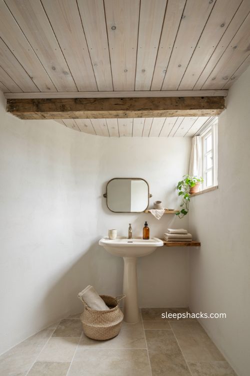 Wood clad ceiling ideas for a rustic small bathroom