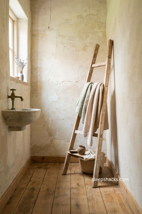Wood ladder towel storage idea for a rustic small bathroom