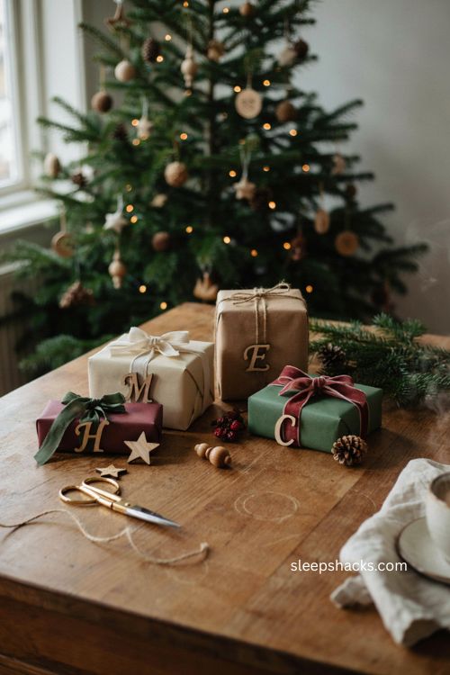 Wood monogram Christmas gift wrapping ideas with personalized keepsake tags 