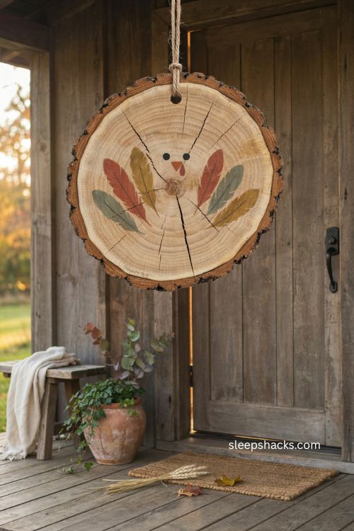 Wood slice turkey door hanger with natural bark edge and rustic farmhouse porch decor 