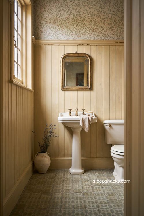 Wood wainscoting half bathroom ideas with vintage wallpaper