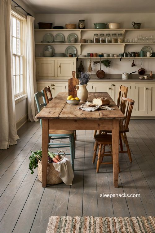 Wooden farmhouse dining table used as a rustic kitchen island with vintage chairs 